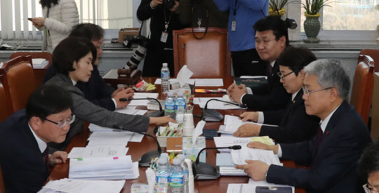 3당 6인 협의체, 산업안전보건법 쟁점 논의   산업안전보건법 개정안 쟁점 사항을 논의하기 위한  3당 정책위의장과 환경노동위원회 간사 6인 협의체가 27일 오후 국회 환노위 소회의실에서 열리고 있다.  왼쪽부터 임서정 고용노동부 차관, 더불어민주당 한정애 간사, 김태년 정책위의장, 자유한국당 정용기 정책위의장, 임이자 간사, 바른미래당 김동철 간사.